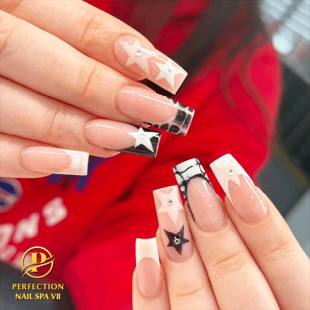 Black and white star French tip coffin nails
