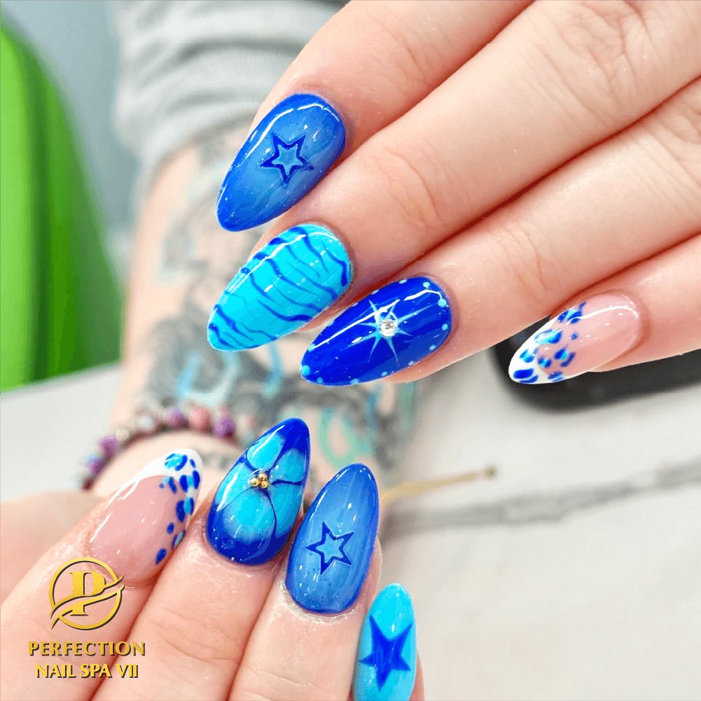 Blue ocean butterfly theme almond nails